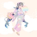  1girl ahoge bag braid checkered checkered_kimono colis cotton_candy crown_braid food_print full_body grey_eyes grey_hair hair_between_eyes hair_ornament japanese_clothes kantai_collection kimono kiyoshimo_(kantai_collection) long_hair looking_at_viewer low_twintails open_mouth sandals smile solo twintails very_long_hair yukata 