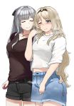  2girls ak-12_(girls_frontline) an-94_(girls_frontline) bangs blonde_hair blush breasts closed_eyes girls_frontline green_eyes hair_ornament highres long_hair multiple_girls one_eye_closed perioikoi shirt shorts silver_hair simple_background smile 