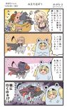  3girls 4koma :d blonde_hair blue_shirt breasts brown_hair comic commentary_request elbow_gloves front-tie_top gambier_bay_(kantai_collection) gloves hair_between_eyes halloween halloween_costume hat highres holding intrepid_(kantai_collection) iowa_(kantai_collection) jack-o&#039;-lantern kantai_collection large_breasts long_hair megahiyo multiple_girls open_mouth ponytail shinkaisei-kan shirt short_hair short_sleeves smile speech_bubble star star-shaped_pupils symbol-shaped_pupils translation_request twintails twitter_username v-shaped_eyebrows witch_hat 