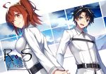  1boy 1girl :d ahoge akami_fumio arms_behind_back artist_name bangs belt belt_buckle black_hair blue_eyes blush breasts brown_eyes buckle chaldea_uniform closed_mouth clouds cloudy_sky commentary_request copyright_name eyebrows_visible_through_hair fate/grand_order fate_(series) fujimaru_ritsuka_(female) fujimaru_ritsuka_(male) hair_between_eyes hair_ornament hair_scrunchie highres long_sleeves looking_at_viewer looking_back medium_breasts one_side_up open_mouth outside_border own_hands_together parted_bangs redhead scrunchie short_hair sky smile upper_body 