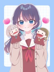  1girl aqua_neckerchief blue_border blue_eyes blue_hair blue_ribbon blush blush_stickers bob_cut border braid brown_cardigan brown_dress brown_hair cardigan center-flap_bangs character_doll closed_mouth colored_inner_hair commentary dark_blue_hair diagonal_bangs dollchestra dress drop_shadow grey_hair grid_background hair_ornament hair_ribbon hand_puppet harusame_soup_(har_s_k) hasu_no_sora_school_uniform highres inverted_bob kachimachi_kosuzu link!_like!_love_live! long_hair long_sleeves looking_at_viewer love_live! low_twintails mole mole_on_neck multicolored_hair murano_sayaka neckerchief open_cardigan open_clothes open_mouth outside_border puppet red_hair red_neckerchief ribbon sailor_collar sailor_dress school_uniform short_hair side_ahoge side_braids smile solo split_mouth star_(symbol) star_hair_ornament straight_hair streaked_hair symbol-only_commentary twintails upper_body virtual_youtuber white_background white_sailor_collar winter_uniform yellow_neckerchief yugiri_tsuzuri 