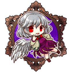  1girl :d bow bowtie brown_footwear chibi chibi_only commentary_request dress feathered_wings full_body grey_hair grey_jacket half_up_braid hand_up jacket kishin_sagume long_sleeves looking_at_viewer open_mouth purple_dress purple_shirt red_bow red_bowtie red_eyes shirt short_hair single_wing smile socha solo touhou wings 