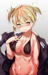 1girl bikini black_bikini blonde_hair blush breasts cleavage collarbone eyebrows_visible_through_hair frown girls_frontline hand_on_own_chest jacket_on_shoulders large_breasts looking_at_viewer navel pooor short_twintails solo standing swimsuit tears twintails welrod_mk2_(girls_frontline) yellow_eyes 