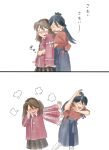  2girls blush brown_hair comic hakama highres houshou_(kantai_collection) hug hug_from_behind japanese_clothes kantai_collection long_hair multiple_girls nantoka_maru ponytail ryuujou_(kantai_collection) simple_background translation_request twintails white_background yuri 