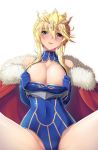  1girl aqua_eyes artoria_pendragon_(all) artoria_pendragon_(lancer) bangs bare_shoulders blonde_hair blue_gloves blue_leotard blush breasts cape cleavage cleavage_cutout commentary covered_navel crown elbow_gloves eyebrows_visible_through_hair fate/grand_order fate_(series) fur-trimmed_cape fur_trim gloves groin hair_between_eyes head_tilt highres koflif large_breasts leotard long_hair looking_at_viewer parted_lips red_cape revision round_teeth sidelocks simple_background sitting solo spread_legs teeth upper_teeth white_background 