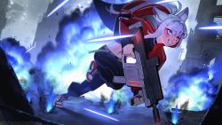  1girl animal_ear_fluff animal_ears black_pants blue_eyes character_request commentary commission copyright_request english_commentary explosion eyeshadow fang full_body grin gun hair_between_eyes hair_ornament hairclip highres long_hair makeup midriff multicolored_hair navel pants ponytail projectile_trail red_eyeshadow red_hair running shoes smile sneakers solo streaked_hair teeth tostantan two-tone_hair weapon white_hair x_hair_ornament 