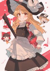  2girls absurdres ascot bag black_dress black_vest blonde_hair blush bow braid brown_hair cindy717 dress frilled_dress frilled_hair_tubes frills fumo_(doll) hair_bow hair_tubes hakurei_reimu hat highres holding holding_bag kirisame_marisa long_hair long_sleeves looking_at_viewer multiple_girls red_bow red_eyes single_braid sparkling_eyes sweat touhou vest white_hair witch_hat yellow_ascot yellow_eyes 