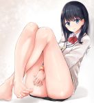  1girl ass bangs barefoot between_legs black_hair blue_eyes blush bow breasts closed_mouth commentary feet hand_between_legs knees_up legs long_hair long_sleeves looking_at_viewer neneru pleated_skirt red_neckwear school_uniform scrunchie sitting skirt solo ssss.gridman sweater takarada_rikka thighs toes white_sweater wrist_scrunchie 