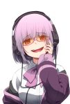 1girl bow bowtie commentary_request eyebrows_visible_through_hair glasses headphones highres long_sleeves namaata open_mouth pink-framed_eyewear pink_hair pink_neckwear shinjou_akane shirt short_hair simple_background smile solo ssss.gridman teeth upper_body white_background white_shirt 