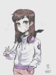  apple_(appleuniversing) artist_name bangs brown_eyes brown_hair brown_pants closed_mouth commentary d.va_(overwatch) drawstring english_commentary facepaint grey_background hand_in_pocket headphones headphones_around_neck heart hood hooded_jacket jacket long_hair long_sleeves looking_at_viewer muted_color overwatch pants simple_background solo swept_bangs v whisker_markings white_jacket 