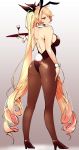 1girl absurdly_long_hair absurdres agetama animal_ears bare_shoulders black_leotard blonde_hair bow breasts bunny_girl bunny_tail bunnysuit character_request copyright_request detached_collar fake_animal_ears full_body hair_ribbon high_heels highres large_breasts leotard long_hair looking_back rabbit_ears red_eyes ribbon sideboob simple_background solo standing strapless strapless_leotard tail tray twintails very_long_hair wrist_cuffs 
