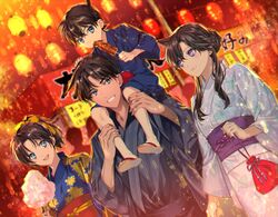  2boys 2girls blue_eyes blue_kimono bow brown_hair dutch_angle edogawa_conan festival grin hair_bow hattori_heiji holding japanese_clothes kimono long_hair meitantei_conan mouri_ran multiple_boys multiple_girls night obi outdoors ponytail ro-a sash short_hair sidelocks smile standing tied_hair tooyama_kazuha violet_eyes yellow_bow 