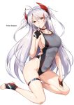  1girl antenna_hair azur_lane bangs black_choker black_gloves blush breasts character_name choker closed_mouth collarbone feet finger_to_mouth fingerless_gloves gloves grey_swimsuit hair_between_eyes harukon_(halcon) headgear heart highleg highleg_swimsuit highres hips kneeling large_breasts legs long_hair looking_at_viewer mole mole_on_breast multicolored_hair one-piece_swimsuit prinz_eugen_(azur_lane) sideboob silver_hair simple_background smile solo streaked_hair swept_bangs swimsuit thigh_strap thighs toeless_legwear toes two_side_up white_background 
