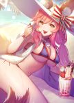  1girl animal_ears bangs beach bikini blue_bikini bow bracelet breasts collarbone cup dolce_(dolsuke) ears_through_headwear eating fang fate/extra fate/grand_order fate_(series) food fox_ears fox_tail hair_between_eyes hat hat_bow highres ice_cream ice_cream_float jewelry large_breasts long_hair looking_at_viewer mug open_clothes open_mouth open_shirt pink_hair shirt sidelocks smile solo spoon sun_hat swimsuit tail tamamo_(fate)_(all) tamamo_no_mae_(swimsuit_lancer)_(fate) thighs tied_hair waist wet white_shirt yellow_eyes 