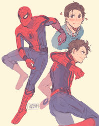  1boy animal_print animification artist_name blue_bodysuit blue_shirt blue_sweater blush bodysuit brown_eyes brown_hair closed_mouth collared_shirt full_body holding holding_mask lightningstrikes looking_at_viewer looking_to_the_side marvel marvel_cinematic_universe mask multiple_views peter_parker plaid_clothes plaid_shirt red_bodysuit red_mask shirt short_hair simple_background smile spider-man spider-man:_homecoming spider-man_(series) spider_print spider_web_print superhero_costume sweatdrop sweater two-tone_bodysuit upper_body web_shooter yellow_background 