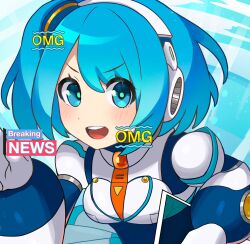  1girl armor blue_eyes blue_hair english_text highres looking_at_viewer mega_man_(series) mega_man_x_(series) mega_man_x_dive myamata_no rico_(mega_man) robot_girl smile solo teeth upper_body upper_teeth_only white_armor 