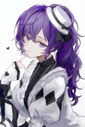  1girl asahina_mafuyu black_dress dress finger_to_own_chin frills hair_between_eyes hat heart keikyoku_no_machi_wa_doko_e_(project_sekai) long_hair mini_hat official_alternate_costume parted_lips ponytail project_sekai purple_hair simple_background sleeves_past_wrists solo turtleneck turtleneck_dress two-tone_dress violet_eyes white_background white_dress white_hat yukiusagi_(yukiusagi_52) 