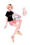  1boy arm_at_side arm_up artist_name bangs black_shirt blonde_hair blush bottle cat clothes_writing commentary denise_(pfeffersteak) drawstring english_commentary full_body haikyuu!! kozume_kenma male_focus parted_bangs pink_shorts shirt short_sleeves shorts simple_background socks solo water_bottle white_background white_bag white_legwear yellow_footwear 