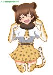  1girl :d animal_ears animal_print artist_name black_belt blush bodystocking brown_hair clenched_hands closed_mouth commentary cosplay cowboy_shot cropped_legs eyebrows_visible_through_hair facing_viewer freckles fur_collar girls_und_panzer gloves kayabakoro kemono_friends miniskirt necktie open_mouth paw_pose pleated_skirt print_gloves print_legwear print_neckwear print_skirt shirt short_hair short_sleeves simple_background skirt smile solo standing tail thigh-highs tsuchiya_(girls_und_panzer) twitter_username white_background white_shirt yellow_gloves yellow_legwear yellow_skirt 