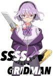  1girl boxcutter breasts collared_shirt glasses hands_in_pockets headphones jacket juice_box large_breasts lavender_hair looking_at_viewer off_shoulder pantyhose pleated_skirt purple_jacket shinjou_akane shirt short_hair skirt spnngr ssss.gridman white_shirt 