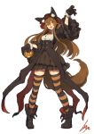  1girl :d animal_ear_fluff animal_ears ankle_boots arm_up artist_name bangs black_footwear black_gloves black_hat black_jacket black_skirt blush boots bow bowtie breasts brown_hair buckle claw_pose collared_shirt corset cropped_jacket fox_ears fox_girl fox_tail full_body fur-trimmed_gloves fur_trim gloves hair_between_eyes halloween hat high-waist_skirt highres holding jack-o&#039;-lantern jacket lansane large_breasts legs_apart long_hair long_sleeves looking_at_viewer open_clothes open_jacket open_mouth orange_eyes original pigeon-toed pumpkin red_bow red_neckwear shirt signature simple_background skirt smile solo standing striped striped_legwear tail thigh-highs tsana_(lansane) very_long_hair white_background white_shirt wide_sleeves wing_collar zettai_ryouiki 