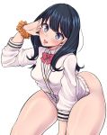  1girl absurdres ass black_hair blush bottomless breasts highres jacket kira_kazuki long_hair medium_breasts neck_ribbon open_mouth ribbon school_uniform scrunchie simple_background solo ssss.gridman takarada_rikka thick_thighs thigh-highs thighs tongue tongue_out violet_eyes white_background 