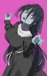  1girl aumann black_hair dress hair_between_eyes long_hair looking_at_viewer outstretched_arms red_eyes yamada_tae zombie zombie_pose zombieland_saga 