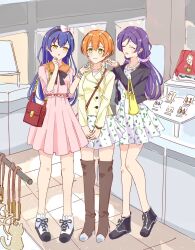  3girls :d :o ^_^ bag black_footwear black_jacket blue_hair blush boots brown_footwear closed_eyes closed_mouth collarbone commentary dark_blue_hair dress earrings embarrassed full_body green_eyes hair_between_eyes highres holding_earrings hoshizora_rin indoors jacket jewelry lily_white_(love_live!) long_hair long_sleeves looking_at_another love_live! love_live!_school_idol_project low_twintails multiple_girls open_clothes open_jacket open_mouth orange_hair pink_dress pleated_dress purple_hair red_bag sa(bannane)k shoes shop shopping short_dress short_hair shoulder_bag sleeves_past_elbows smile sneakers sonoda_umi standing thigh_boots tojo_nozomi twintails v_arms white_dress yellow_bag yellow_eyes yellow_jacket 