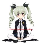  1girl anchovy anzio_school_uniform arm_support bangs belt black_belt black_cape black_footwear black_neckwear black_ribbon black_skirt blush cape character_name closed_mouth commentary cursive dress_shirt drill_hair eyebrows_visible_through_hair full_body girls_und_panzer green_hair hair_ribbon happy_birthday indian_style italian kayabakoro loafers long_hair long_sleeves looking_at_viewer miniskirt necktie pantyhose pleated_skirt red_eyes ribbon riding_crop school_uniform shirt shoes simple_background sitting skirt smile solo twin_drills twintails white_background white_legwear white_shirt 