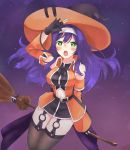  +_+ 1girl belt black_gloves black_legwear blue_hair broom broom_riding detached_sleeves fingerless_gloves fire_emblem fire_emblem:_souen_no_kiseki fire_emblem_heroes garter_straps gloves green_eyes halloween_costume hat headband highres long_hair navel_cutout night night_sky nintendo open_mouth papapa36 sky solo star_(sky) thigh-highs wayu_(fire_emblem) white_headband witch_hat 