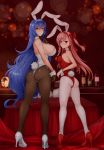  2girls animal_ears ass bangs bare_shoulders bed black_neckwear blue_hair blush bottle bow bowtie braid breasts brown_eyes brown_gloves brown_legwear bunny_girl bunny_tail bunnysuit closed_mouth commentary_request detached_collar eyebrows_visible_through_hair fake_animal_ears girls_frontline gloves hair_between_eyes hair_bow hair_ornament hairband half_gloves hand_up hexagram high_heels highres large_breasts leotard long_hair looking_at_viewer looking_back medium_breasts multiple_girls negev_(girls_frontline) nose_blush one_side_up pantyhose pillow pink_hair rabbit_ears red_bow red_eyes red_footwear red_hairband red_leotard red_neckwear revision saruton shoes side_braid single_braid smile standing star_of_david strapless strapless_leotard tail tar-21_(girls_frontline) very_long_hair white_collar white_footwear white_hairband white_legwear white_leotard wrist_cuffs 