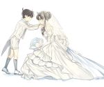  1boy 1girl blue_eyes bouquet bridal_veil brown_hair couple diadem dress earrings edogawa_conan elbow_gloves flower from_side gloves grey_legwear holding holding_bouquet jacket jewelry kneehighs kneeling layered_dress leaning_forward long_dress long_hair meitantei_conan mouri_ran ro-a short_sleeves shorts smile standing veil wedding_dress white_dress white_footwear white_gloves white_jacket white_shorts 