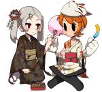  2girls :o absurdres bloody_marie_(skullgirls) brown_kimono closed_mouth cotton_candy eyebrows_visible_through_hair floral_print full_body geta gloves grey_hair hair_ornament highres japanese_clothes kimono legs_crossed lkll long_hair looking_at_another multiple_girls obi open_mouth orange_hair peacock_(skullgirls) red_eyes sash short_hair simple_background sitting skull_hair_ornament skullgirls smile tabi twintails white_background white_footwear white_gloves white_kimono 