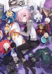  1girl andrian_gilang arjuna_(fate/grand_order) artoria_pendragon_(all) bed berserker black_dress black_legwear cardigan character_doll dakimakura_(object) dress fate/grand_order fate_(series) fou_(fate/grand_order) from_above fujimaru_ritsuka_(female) hair_between_eyes highres illyasviel_von_einzbern indoors karna_(fate) long_sleeves looking_at_viewer lying mash_kyrielight miniskirt mordred_(fate) mordred_(fate)_(all) necktie no_shoes oda_nobunaga_(fate) okita_souji_(fate) okita_souji_(fate)_(all) on_side open_cardigan open_clothes pantyhose pillow pink_eyes pink_hair pleated_dress red_neckwear saber short_dress short_hair skirt smile solo sweater violet_eyes 
