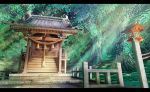  absurdres fantasy forest hankachi_(okayama012) highres letterboxed light_beam nature no_humans original railing scenery shrine stone stone_walkway 