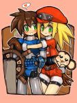  1boy 1girl :3 android animal bare_legs belt bike_shorts bike_shorts_under_shorts blonde_hair blush blush_stickers brown_gloves brown_hair cabbie_hat capcom closed_mouth couple dakusuta data_(rockman_dash) gloves green_eyes hair_between_eyes hat heart hetero highres legs long_hair looking_at_another looking_at_viewer monkey no_headwear no_helmet open_mouth pink_background red_clothes red_hat red_shirt red_shorts rock_volnutt rockman rockman_dash roll_caskett shirt short_hair short_shorts short_sleeves shorts side-by-side smile speech_bubble spoken_heart standing steering_wheel 