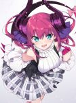  +_+ 1girl asymmetrical_horns bare_shoulders blue_eyes breasts curled_horns dragon_girl dragon_horns dragon_tail dress elizabeth_bathory_(fate) elizabeth_bathory_(fate)_(all) fang fate/extra fate/extra_ccc fate_(series) haruyuki_(yukichasoba) highres horns leaning_forward long_hair pink_hair plaid plaid_skirt pointy_ears skirt small_breasts solo tail two_side_up 
