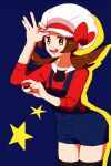  1girl bow breasts brown_hair commentary_request cowboy_shot creatures_(company) enamo_(dcah) game_freak hands_up happy hat hat_bow kotone_(pokemon) looking_at_viewer nintendo open_mouth overalls pokemon pokemon_(game) pokemon_hgss red_bow red_shirt shirt smile solo standing 