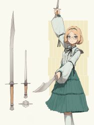  1girl absurdres black_ribbon blonde_hair blue_eyes blue_hairband blue_skirt center_frills closed_mouth dagger dual_wielding frills hairband highres holding holding_dagger holding_knife holding_sword holding_weapon kneehighs knife long_sleeves neck_ribbon notfuji original ribbon semi-rimless_eyewear shirt short_hair skirt smile socks solo suspender_skirt suspenders sword under-rim_eyewear weapon weapon_focus white_shirt white_socks 