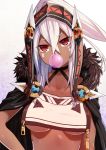  1girl azur_lane bangs black_cape breasts bubble_blowing cape character_request chewing_gum collarbone commentary_request crop_top crop_top_overhang crossed_bangs facial_mark fur-trimmed_cape fur_trim gradient gradient_background hair_between_eyes hair_ornament halterneck head_tilt highres long_hair medium_breasts midriff minneapolis_(azur_lane) parted_lips ponytail prophecy_(rakuichimonji) purple_background red_eyes sidelocks solo under_boob upper_body white_hair 