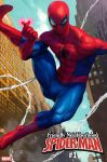  1boy blue_sky bodysuit building city cityscape comic cover cover_page facing_viewer heart looking_at_viewer marvel mask muscle silk skin_tight sky spider-man spider-man_(series) spider_web spider_web_print stanley_lau superhero webbing 