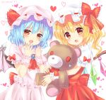  2girls artist_name ascot bangs bat_wings blonde_hair blue_hair blue_nails blush bow commentary_request cowboy_shot crystal dress eyebrows_visible_through_hair fang flandre_scarlet frilled_bow frilled_ribbon frilled_shirt_collar frills hair_between_eyes hands_up hat hat_bow hat_ribbon head_tilt heart heart-shaped_pupils highres holding holding_stuffed_animal looking_at_viewer mob_cap multiple_girls nail_polish one_side_up open_mouth pink_dress pink_hat puffy_short_sleeves puffy_sleeves ramudia_(lamyun) red_bow red_eyes red_nails red_neckwear red_ribbon red_skirt red_vest remilia_scarlet ribbon ribbon-trimmed_bow ribbon_trim short_hair short_sleeves siblings simple_background sisters skirt skirt_set standing stuffed_animal stuffed_toy symbol-shaped_pupils teddy_bear touhou twitter_username vest white_background white_hat wings wrist_cuffs 