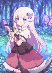  1girl arm_ribbon blunt_bangs blush bow bowtie bug butterfly butterfly_hair_ornament closed_mouth commission flower forest frilled_skirt frilled_sleeves frills green_bow green_bowtie hair_flower hair_ornament highres holding_sickle iriam long_hair looking_at_viewer nature outdoors pond puffy_short_sleeves puffy_sleeves purple_butterfly red_ribbon red_skirt ribbon shirt short_sleeves skeb_commission skirt smile solo spice_(vtuber) standing tyomimas very_long_hair virtual_youtuber white_shirt yohane_shiroru 