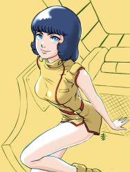  1girl absurdres aeug aobito_sukoyaka_bystander blue_eyes blue_hair boots cockpit commentary_request dark_blue_hair fa_yuiry gundam hatch highres looking_at_viewer mecha methuss military_uniform miniskirt mobile_suit robot science_fiction signature sitting sketch skirt smirk vest zeta_gundam 