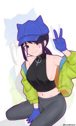  1girl alternate_costume animal_hat artist_name black_shirt blue_eyes blue_gloves blue_hair blue_hat breasts cool_mita_(miside) dark_blue_hair gloves green_jacket grey_pants hand_on_ground hashtag-only_commentary hat highres jacket kneeling lendivere low_ponytail miside mita_(miside) navel pants shirt sideboob sidelocks sleeveless sleeveless_shirt smile zoom_layer 