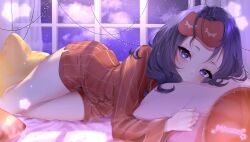  1girl artist_name blue_eyes blue_hair closed_mouth dark_blue_hair english_commentary fingernails highres looking_at_viewer messy_hair minekoart miside mita_(miside) on_bed pajamas pillow pink_pillow red_pajamas red_shirt red_shorts shirt shorts sleep_mask sleepy_mita_(miside) star-shaped_pillow striped_clothes striped_pajamas striped_shirt striped_shorts vertical-striped_clothes vertical-striped_pajamas vertical-striped_shirt vertical-striped_shorts window 