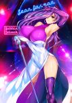  1girl breasts dress earrings elbow_gloves gloves hair_over_one_eye highres hoop_earrings huge_breasts jewelry leotard long_hair microphone original purple_hair shiny side_slit smile solo tamiya_akito thigh-highs yellow_eyes 