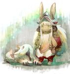  1girl :3 animal_ears aoki_(fumomo) bangs barefoot closed_mouth eyebrows_visible_through_hair full_body fur furry long_hair made_in_abyss mitty_(made_in_abyss) nanachi_(made_in_abyss) pants rabbit_ears red_pupils solo standing tail whiskers white_hair yellow_eyes 