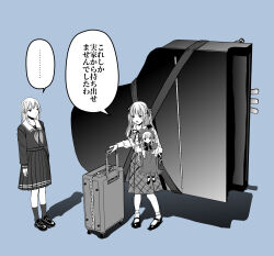  ... 3girls arms_at_sides bang_dream! bang_dream!_it's_mygo!!!!! blue_background blush bobby_socks buttons casual character_doll clip_studio_paint_(medium) commentary_request crossover expressionless grand_piano greyscale_with_colored_background highres hugging_doll hugging_object instrument loafers long_hair long_sleeves mary_janes medium_skirt multiple_girls neck_ribbon neckerchief piano pigeon-toed plaid_clothes plaid_skirt pleated_skirt ribbon rolling_suitcase rozen_maiden sailor_collar sailor_shirt scene_reference school_uniform sentape serafuku shadow shinku shirt shoes sidelocks simple_background skirt socks speech_bubble spoken_ellipsis standing strong suitcase talking togawa_sakiko translation_request tsukinomori_school_uniform two_side_up v-shaped_eyebrows wakaba_mutsumi winter_uniform 