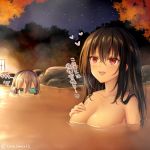  2girls albacore_(azur_lane) artist_request azur_lane bath bathing black_hair blonde_hair blush breasts cleavage collarbone commentary_request green_eyes hair_between_eyes headphones large_breasts long_hair looking_at_another multiple_girls night onsen open_mouth outdoors partially_submerged rock sitting taihou_(azur_lane) translated water wet 